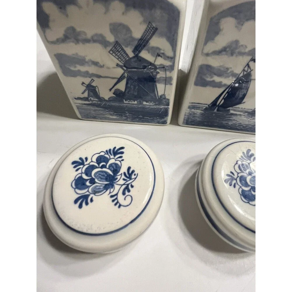 Pair of Delft Blue White Lidded Jars Spice Vanity Windmill Sailboat